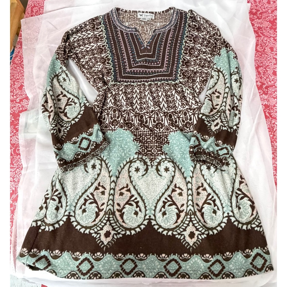 Papillon Vancouver Los Angeles Paisley Tunic Dress Brown Teal Boho Medium